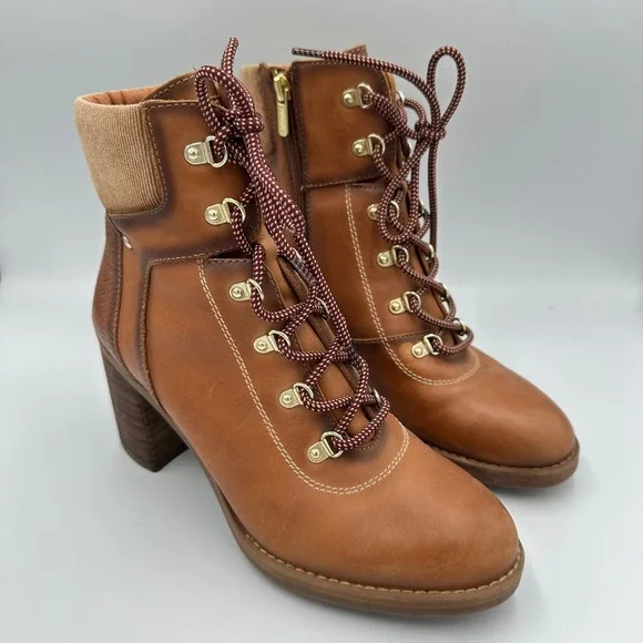 Pikolinos Brown Cognac Leather Lace Up Ankle Boots Block Heel Casual Comfort - Picture 2 of 12